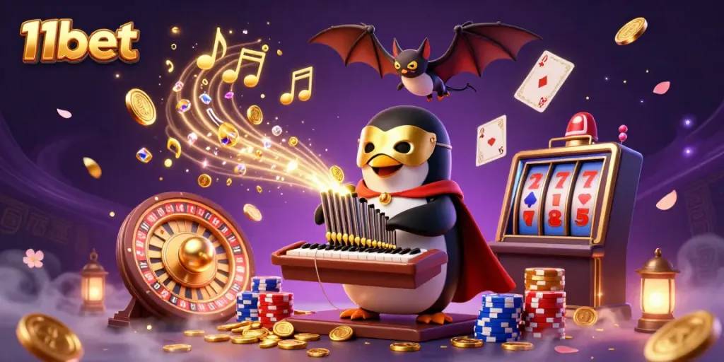 Experience the excitement at 11bet with a whimsical casino-themed scene featuring playful characters and engaging gaming elements.