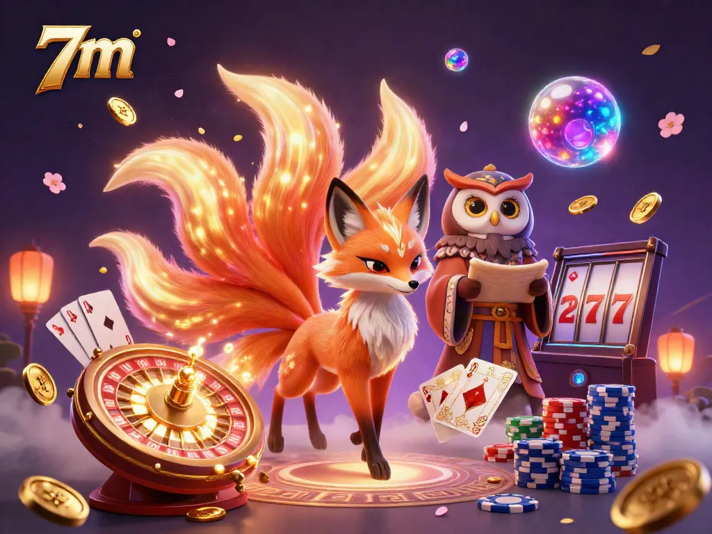 Experience thrilling 7m gaming with colorful spirits, glowing coins, and vibrant casino elements.