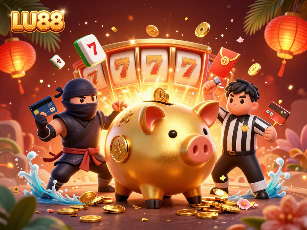 LU88's thrilling scene displays a golden piggy bank sumo wrestler with falling coins, amidst vibrant slot game elements.