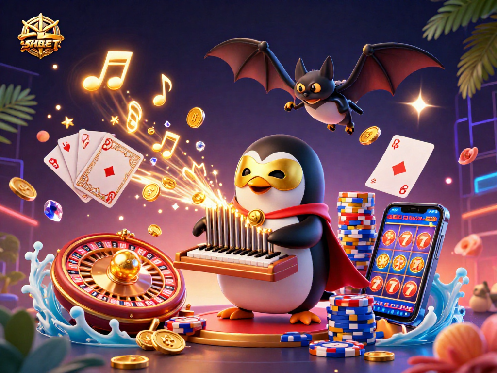 SHBET penguin playing pipe organ as coins and gems fly around, embodying exciting casino fun.