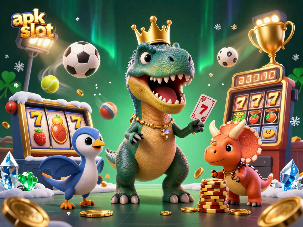 Memain apk slot dengan karakter kartun T-Rex, Pterodactyl, dan Triceratops, mengacak kartu dan menumpuk chip emas.