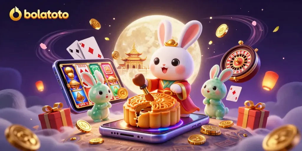 Bolatoto gameplay illustrated with a lively 3D scene featuring a moon rabbit and casino elements.