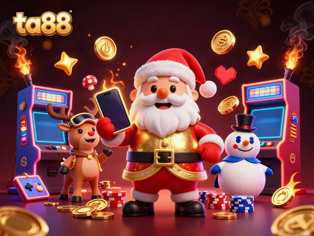 Jackpot excitement at ta88 with Santa, reindeer, and a 3D snowman in a vibrant casino
