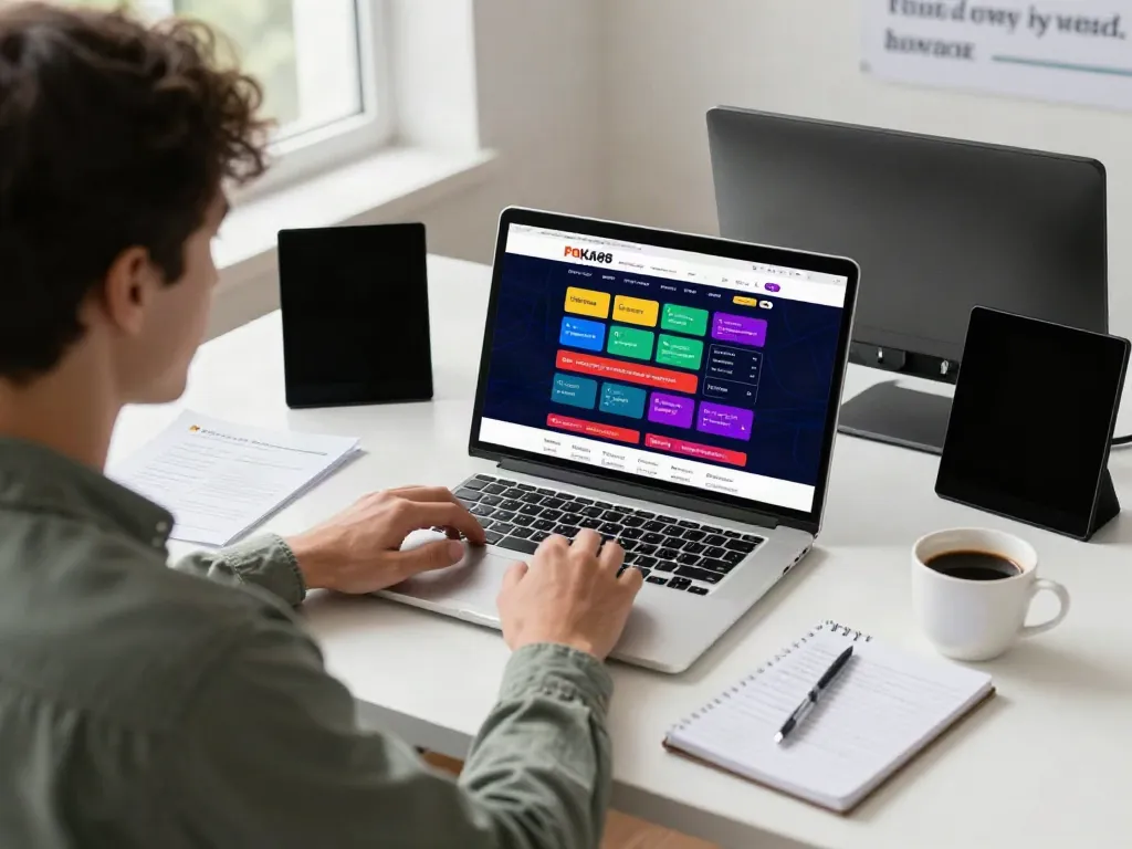 Engaging scene showcasing a user accessing the POKA88 link login on a laptop in a bright workspace, surrounded by betting tools and a lively atmosphere.