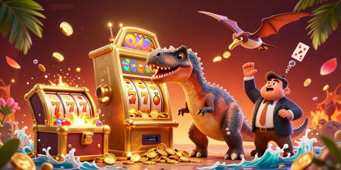 thomayman game with a pachycephalosaurus hitting a slot machine for jackpot coins in a vibrant casino scene.