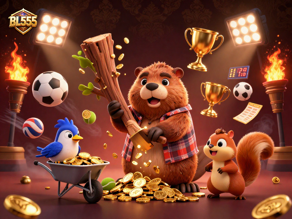 Experience BL555's thrilling gaming with cartoon characters collecting golden coins and dynamic sports elements