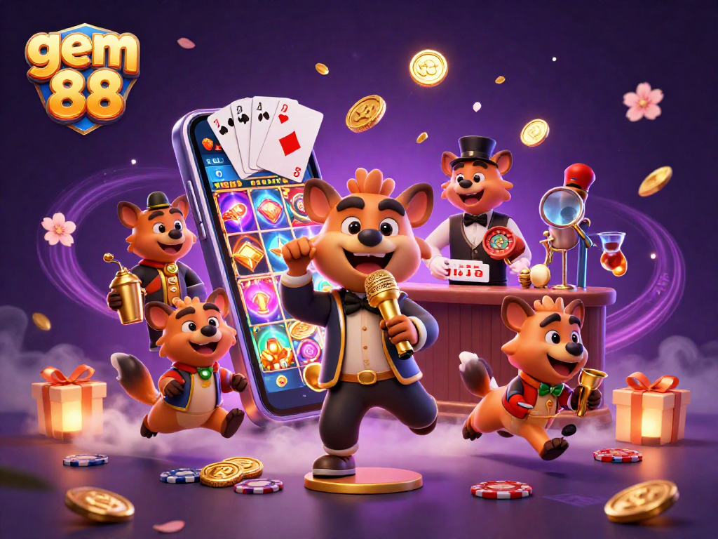 Engage with gem 88 at a lively comedy casino, featuring hyenas serving drinks and telling jokes.
