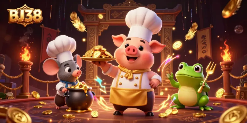 BJ38 showcases a lively casino scene with vibrant characters, golden coins, and gambling excitement.