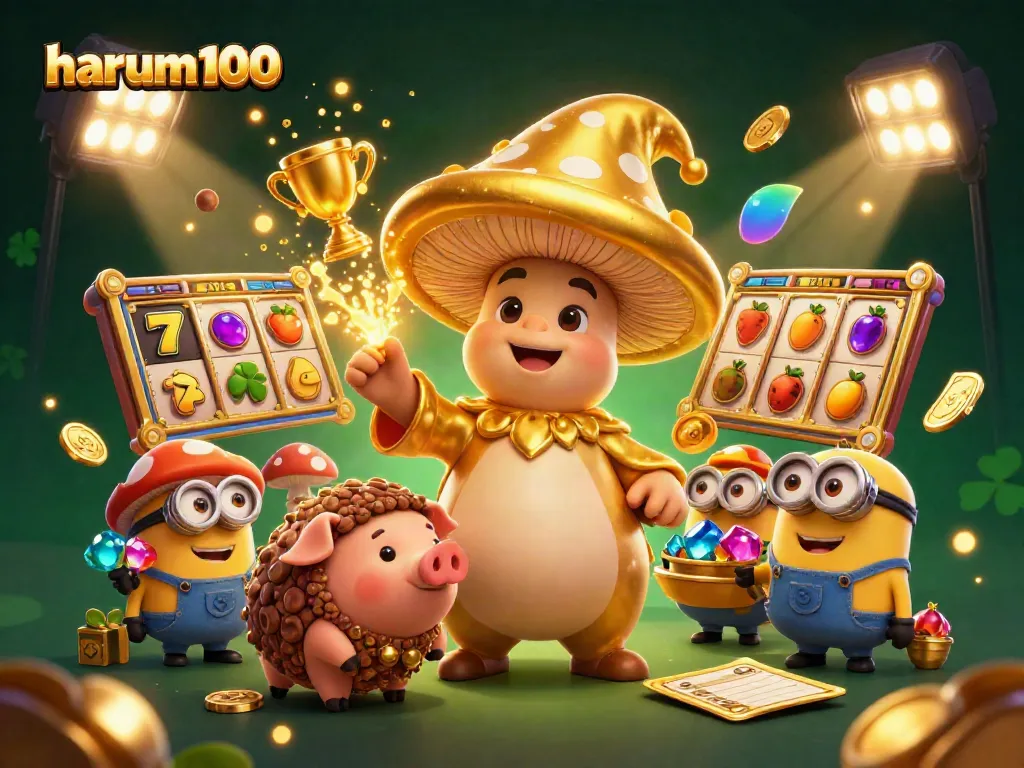 Permainan slot online harum100 yang menampilkan karakter ajaib dan elemen kasino.