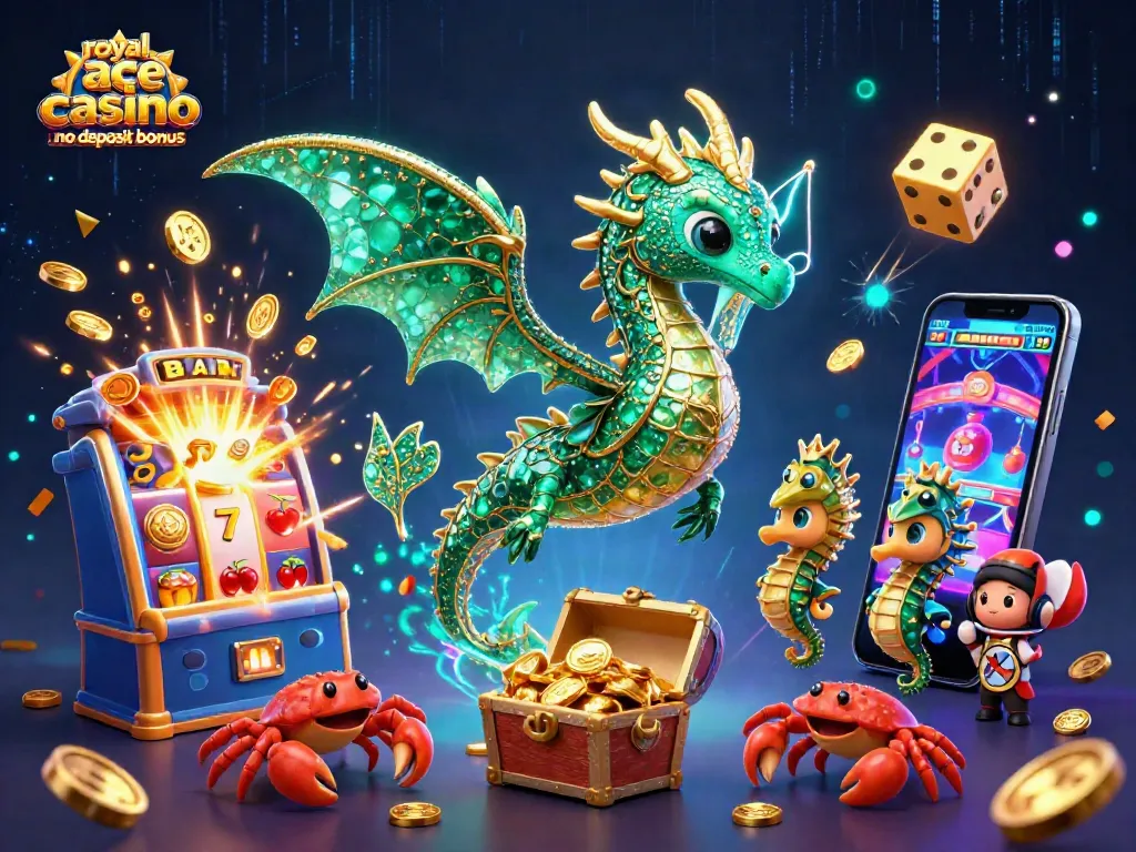 Spin to win at Royal Ace Casino with no deposit bonus featuring vibrant 3D gaming elements.