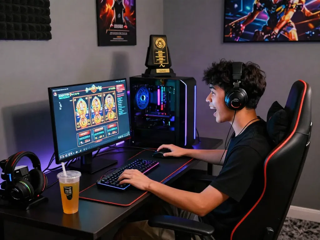 Engaged player enjoying akunjp slot gaming in vibrant gaming room.