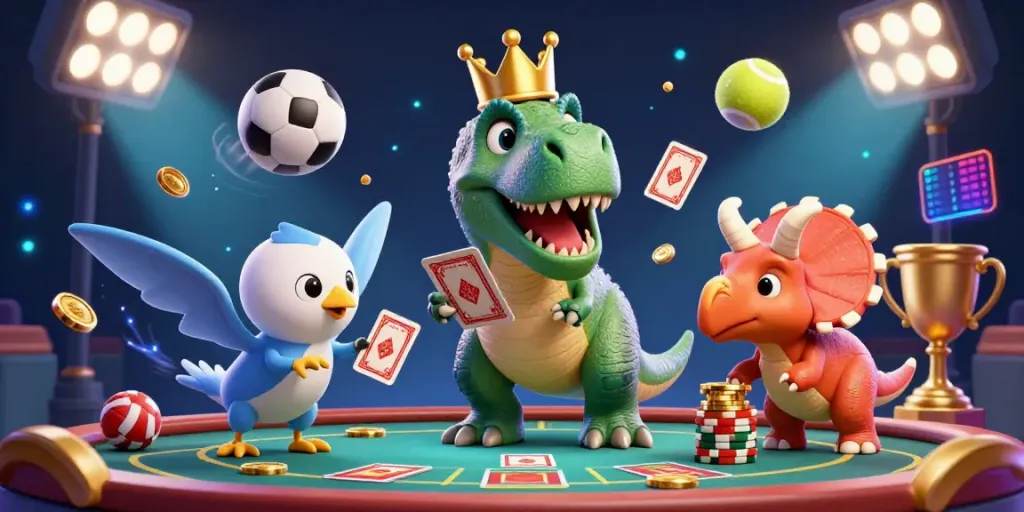 Experience thrilling gameplay at 88clb with a fun dinosaur-themed gambling scene showcasing vibrant casino elements.