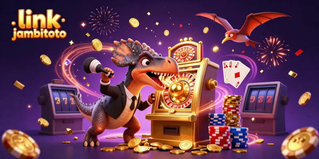 Experience the excitement of link jambitoto with a colorful scene of cartoon dinosaurs and jackpots.
