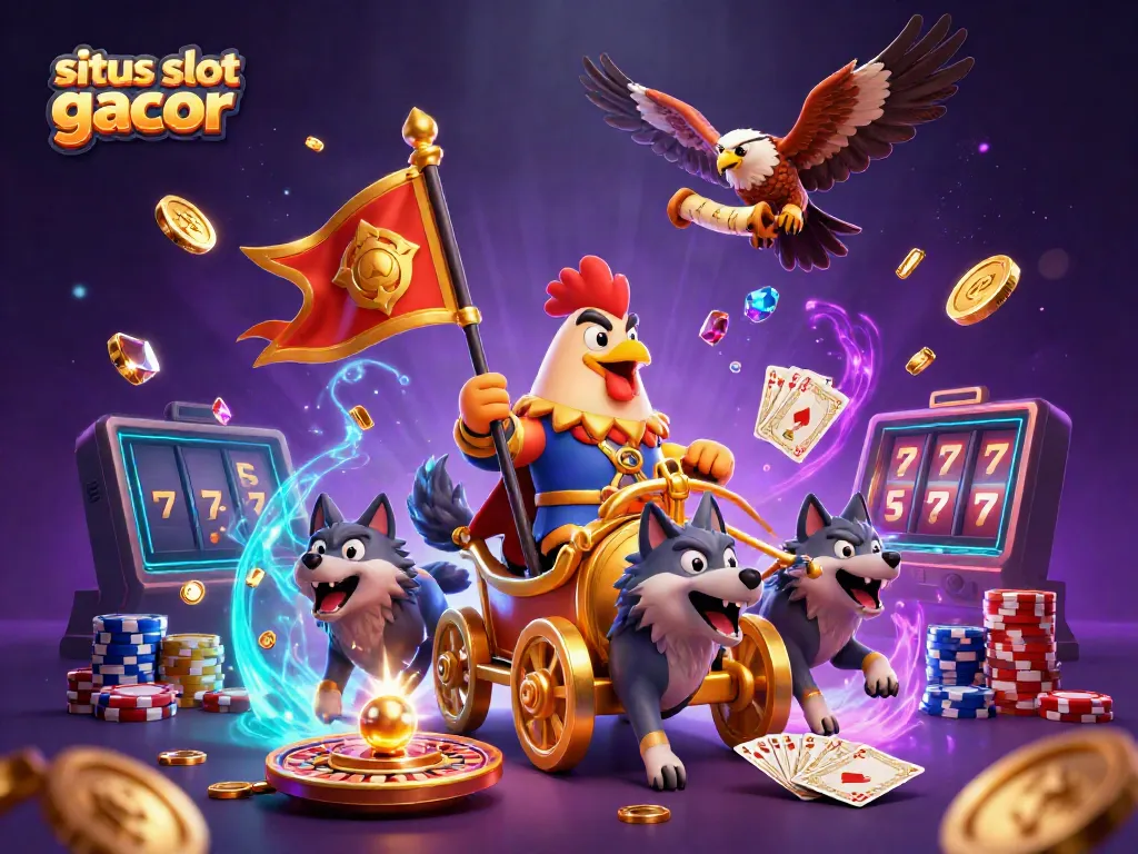 Spin and win at situs slot gacor featuring a 3D rooster warlord, golden coins, and slot machines.