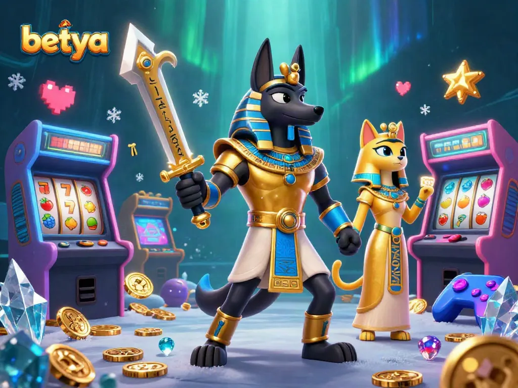 Betya casino scene with Anubis and Bastet surrounded by colorful slots and gold coins.