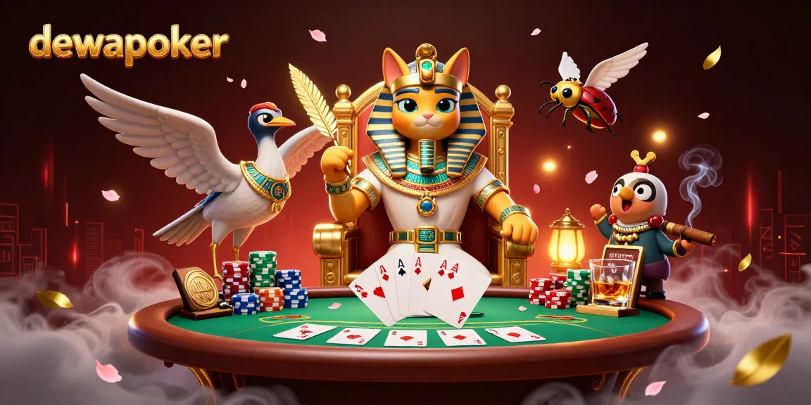 Dewapoker enthusiasts enjoy an exciting poker scene with a pharaoh cat and vibrant chip stacks.