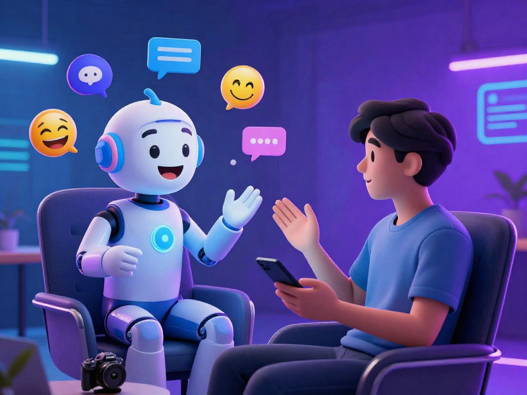 Engaging porn ai chat scene with a friendly AI avatar and user in a futuristic chat room.
