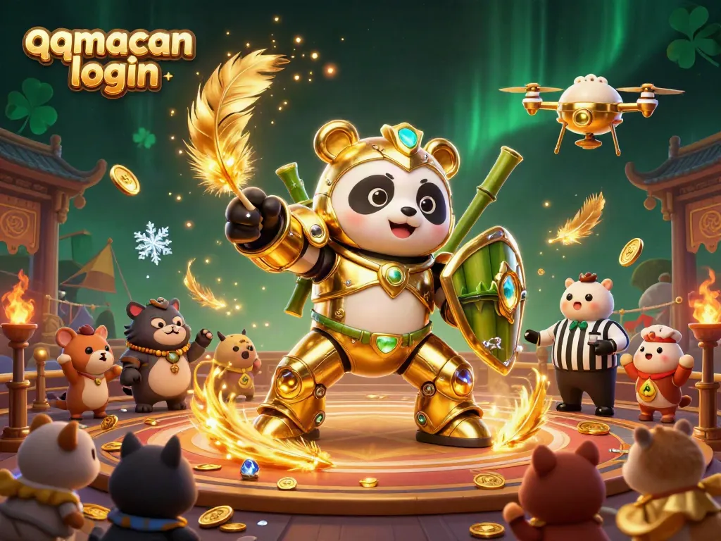 Experience the excitement of qqmacan login in this action-packed 3D casino battle scene with a golden panda and dynamic game elements.