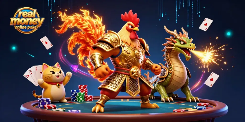 Experience real money online poker in a vibrant 3D scene featuring dynamic characters and gaming elements.