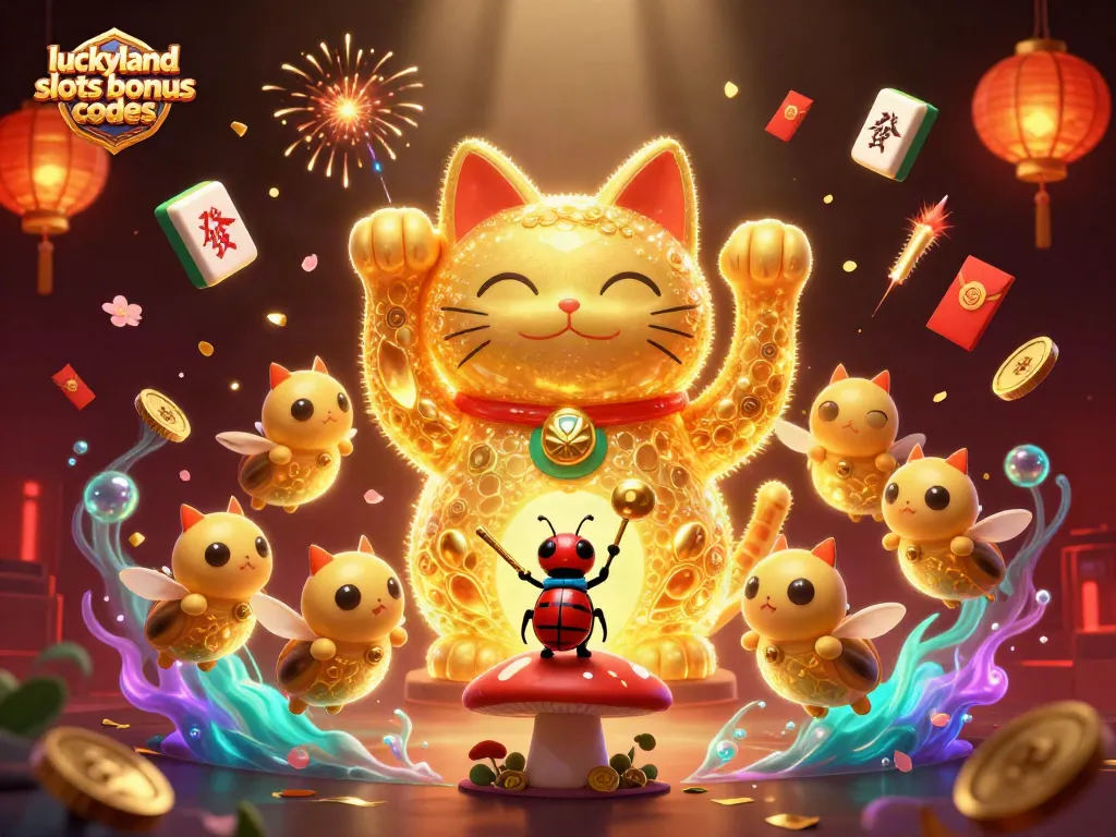 Experience exciting wins with LuckyLand Slots bonus codes, featuring vibrant gaming symbols and dynamic gold visuals.