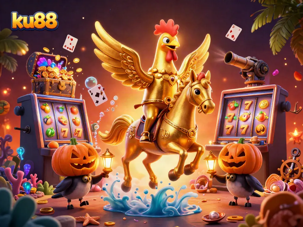 ku88 slot machine action with a golden rooster and mystical ambiance in a vibrant casino.