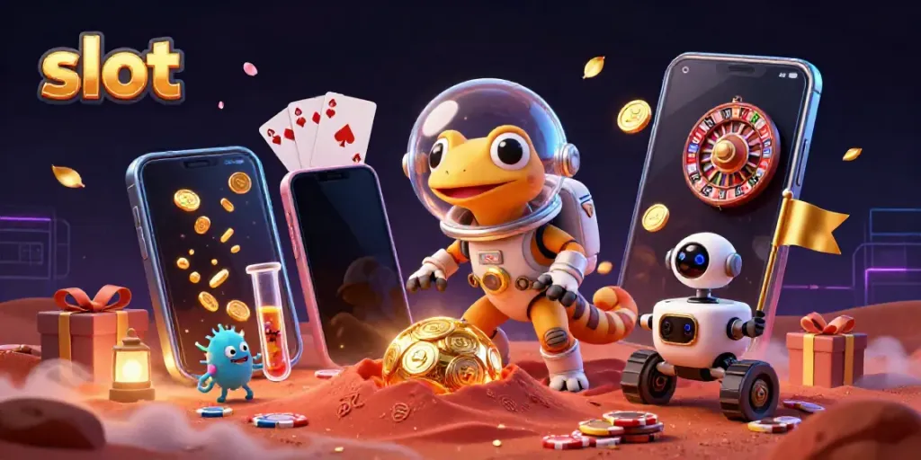 Slot menampilkan gecko Martian berlebih dalam penemuan kasino emas di Mars yang disambut dengan koin emas.