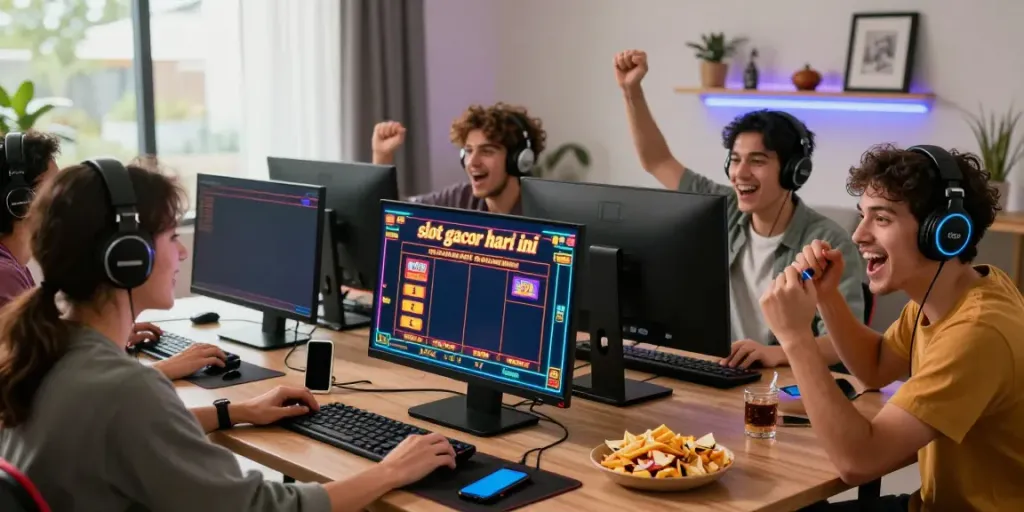 Friends enjoying an exciting online gaming session, slot gacor hari ini on screen, lively atmosphere.