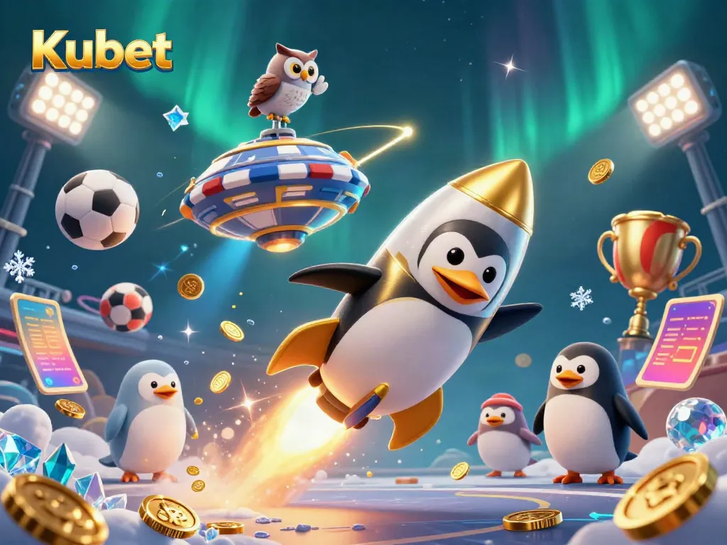 Join the thrilling adventure with Kubet as the golden penguin races towards the poker chip casino in a dazzling cosmic scene.