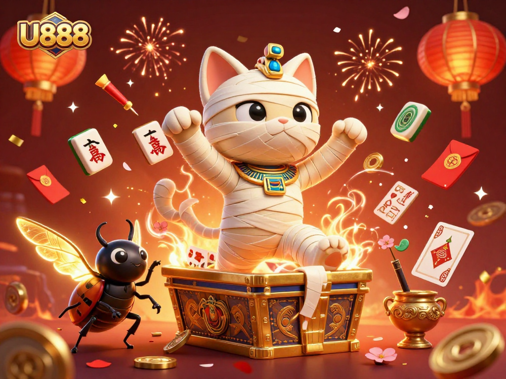 Experience thrilling gameplay in U888's vibrant casino featuring a bursting Egyptian mummy cat.
