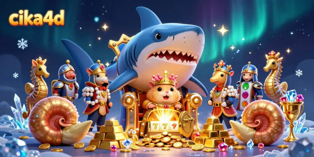 Join cika4d's golden hamster king in a vibrant casino scene with slot reels and sparkling treasures.