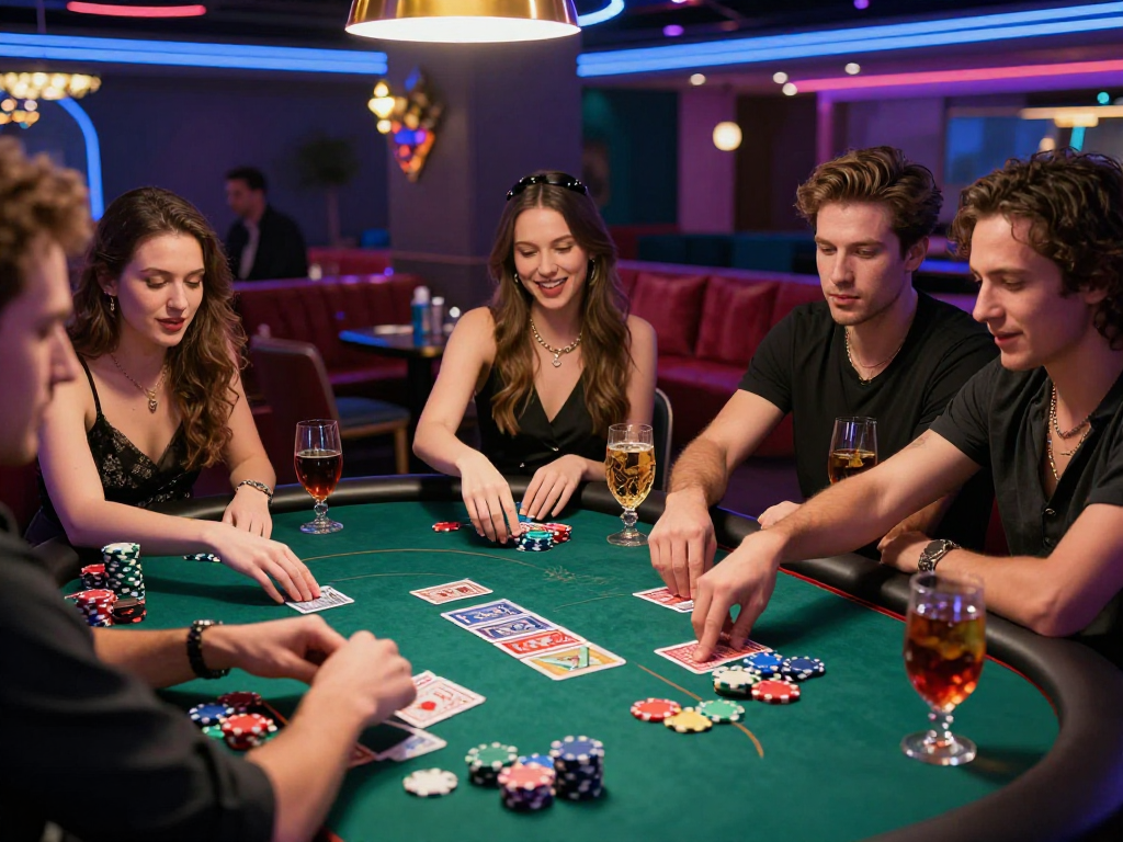 Kelompok teman bermain poker di bos88, suasana kasino yang meriah dengan cahaya neon.