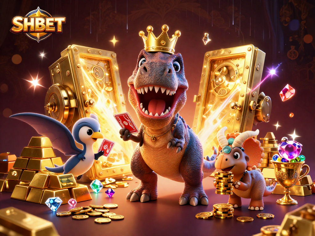 Engage with SHBET's thrilling gambling experience featuring a playful T-Rex and friends.
