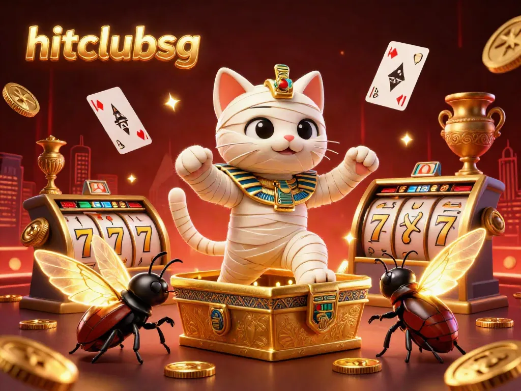 Experience the excitement of hitclubsg as a cartoon mummy cat unveils treasures in a vivid casino scene.