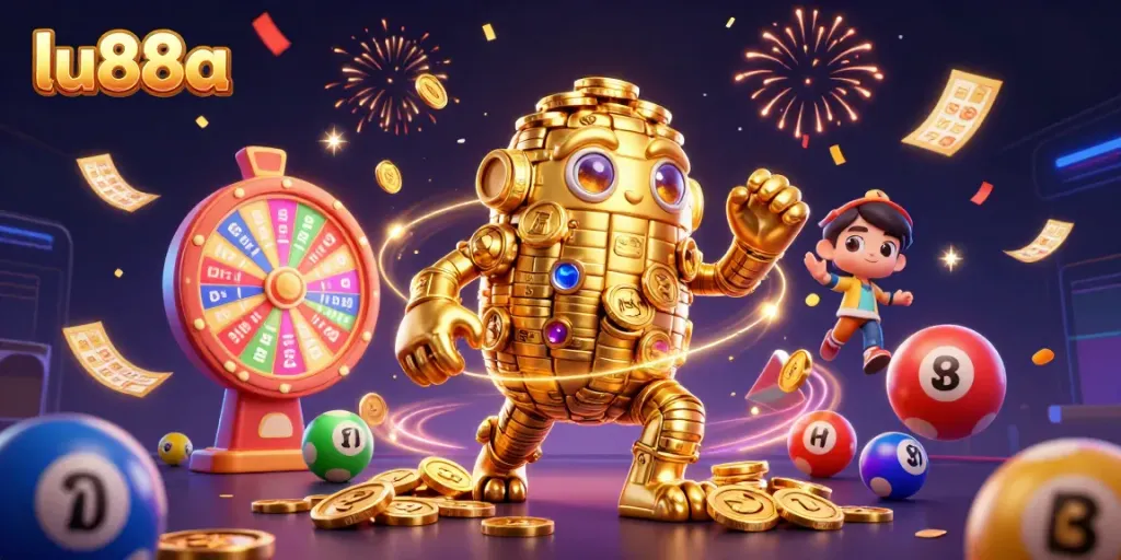Experience the excitement of lu88a as a golden golem surrounded by vibrant lottery elements.