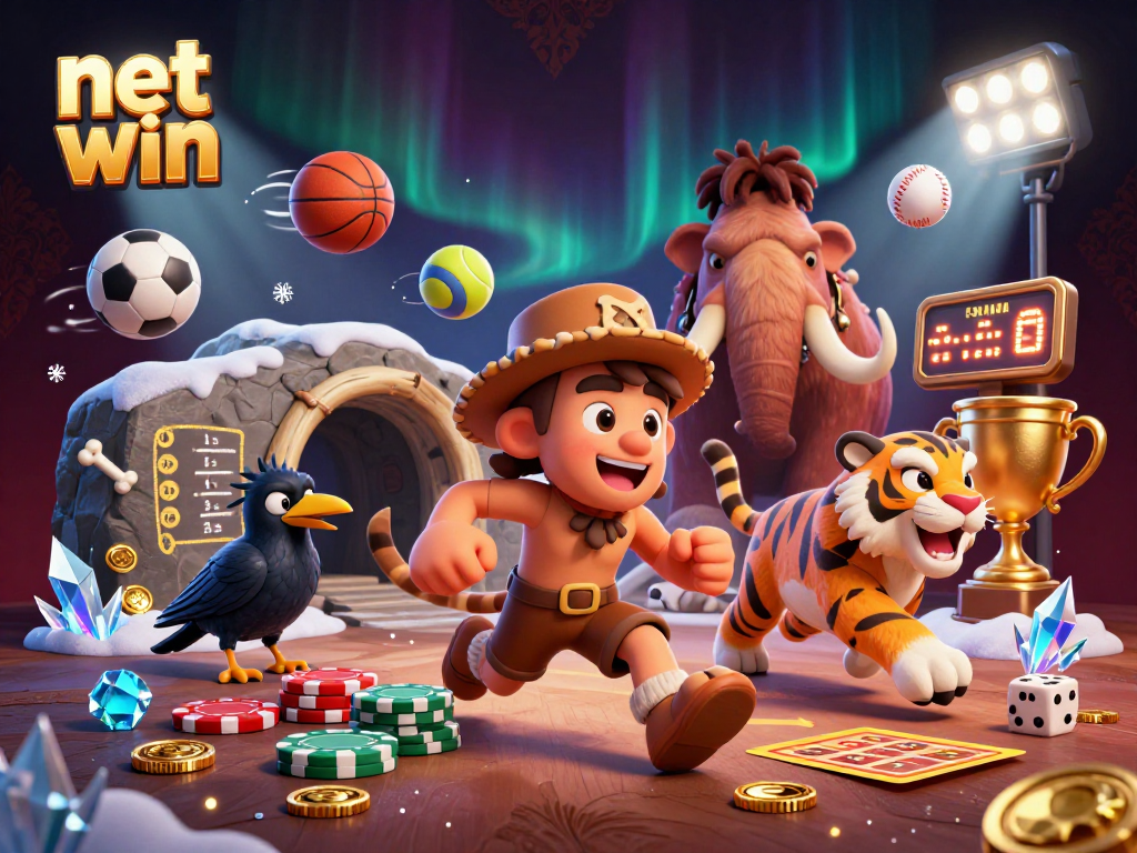 Experience net win with a vibrant prehistoric casino scene featuring unique characters and engaging game elements.