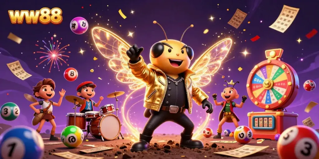 Experience excitement with ww88 as a cartoon cicada rock star leads a musical celebration, surrounded by dynamic game elements.