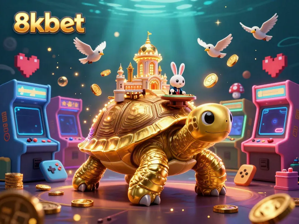 Experience the thrill of 8xbet with a colorful casino scene featuring a golden tortoise and lively characters.