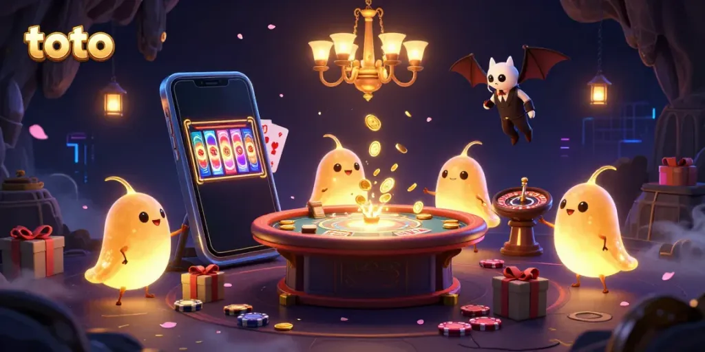 Experience the vibrant toto casino scene with glowing glowworms and dynamic gaming elements.