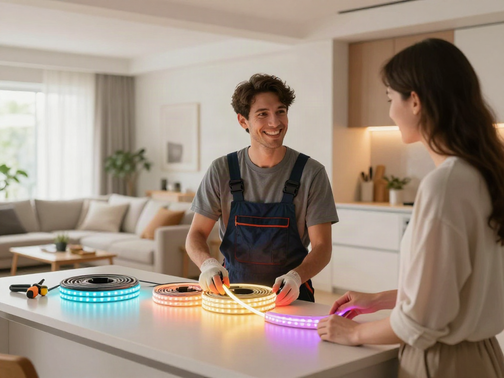 Banda LED COB utilizată de un profesionist din zonă pentru a ilumina interioare moderne.