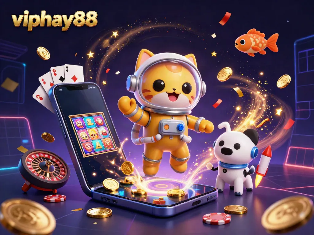 Experience the excitement of viphay88 with vibrant gaming elements in a dynamic 3D illustration.