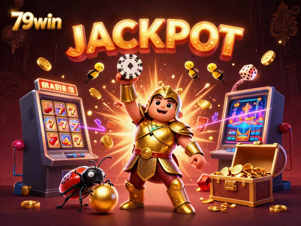 Experience the excitement of 79win with this dynamic 3D illustration featuring jackpot-winning characters and vibrant casino elements.