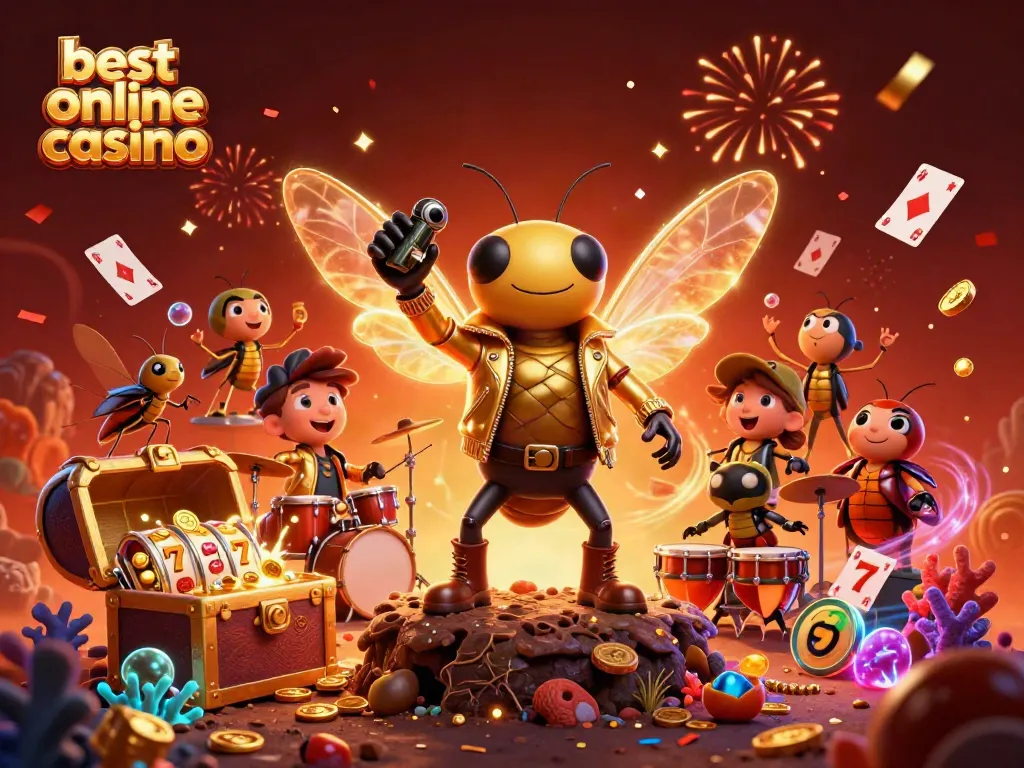 Experience the best online casino with a vibrant 3D illustration featuring a rock star cicada and dynamic gaming elements.