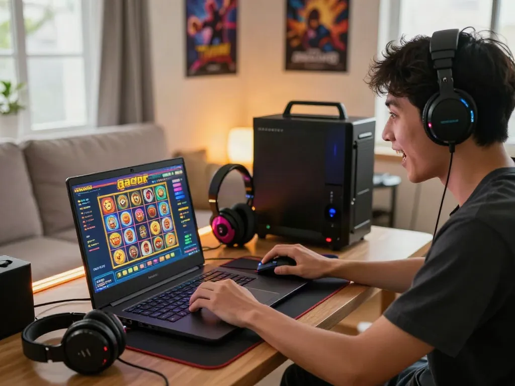 Exciting gameplay of slot gacor thailand on a laptop in a cozy home setup.