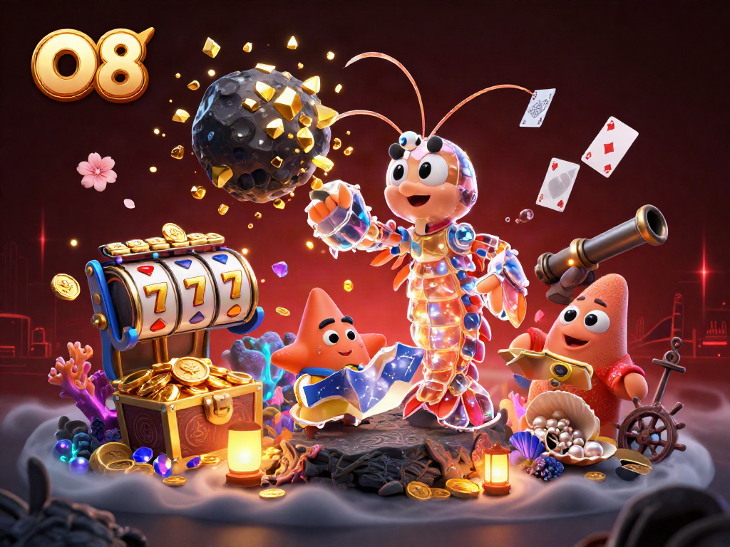 Experience O8's thrilling jackpot excitement with dynamic characters and vibrant casino elements in this vibrant scene.