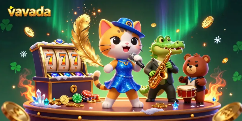 Experience exhilarating wins at Vavada with vibrant 3D characters amid glittering casino elements.