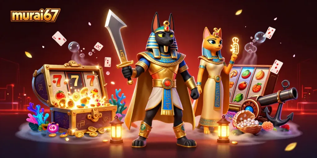 Experience thrilling gameplay with murai67, featuring vibrant slot reels and ancient Egyptian characters in a dynamic digital casino scene!
