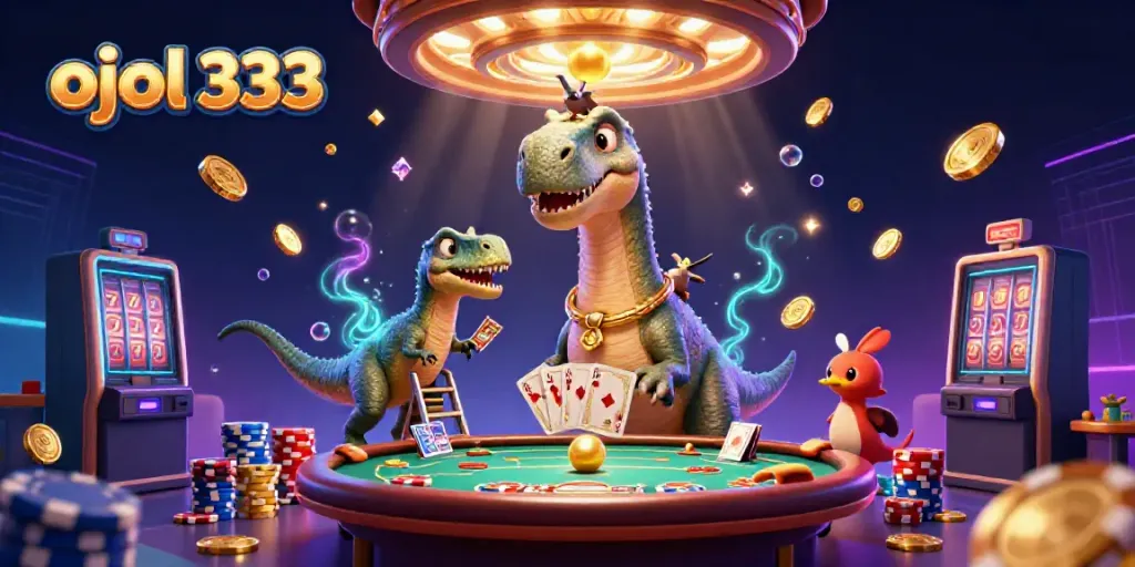 Experience the thrill of ojol 333 at an online casino with a unique 3D illustration featuring vibrant characters and games.