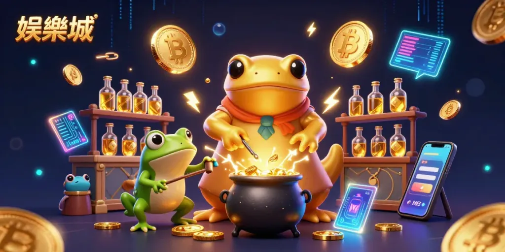 在娛樂城中，金色的新手法師和他的學生一起煉金，轉化基礎金屬為金幣，令人興奮的賭博場景。