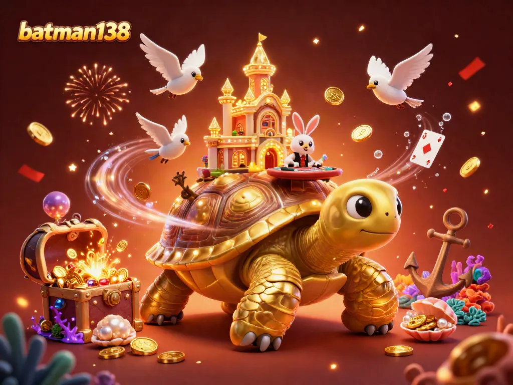 Play exciting games at batman138's vibrant casino island with golden tortoise and rabbit dealer.
