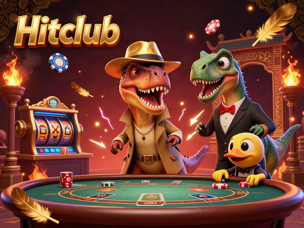 Hitclub captures a thrilling blackjack scene with dynamic dinosaur characters and swirling game elements.